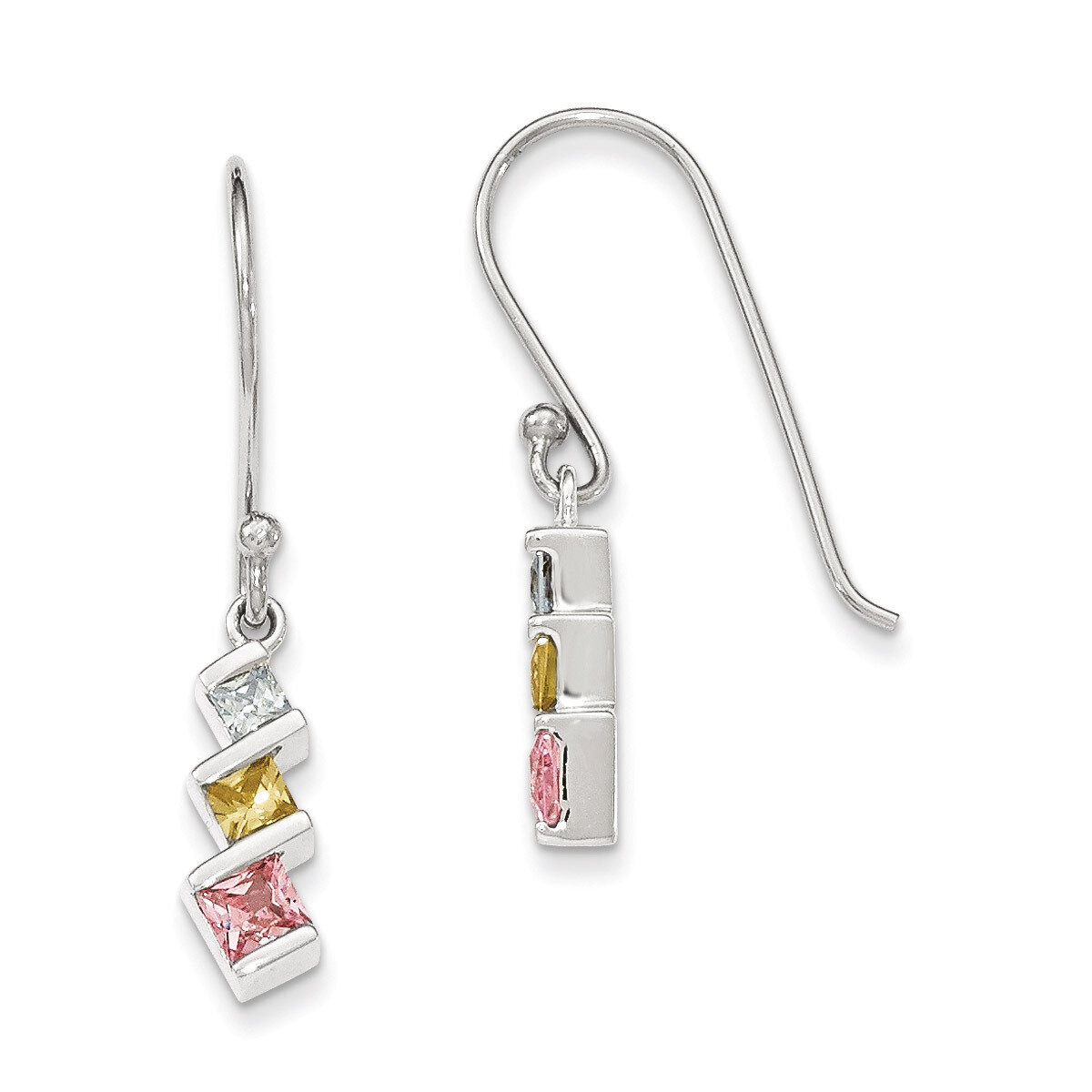 Polished White,Yellow,Pink CZ Shepherd Hook Earrings Sterling Silver QE12327