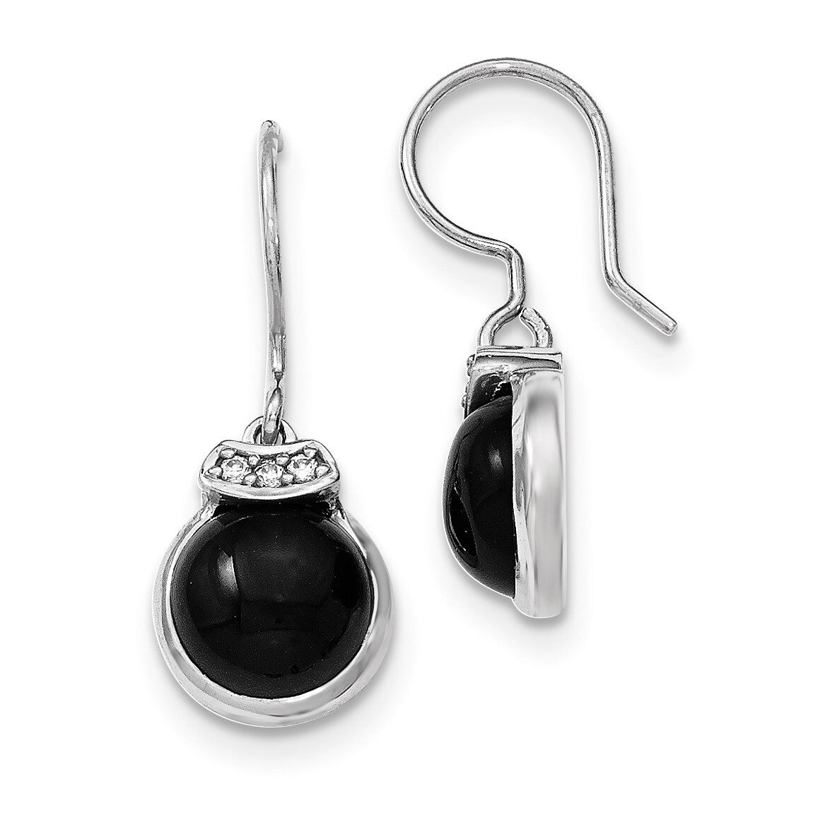 Black Agate &amp; CZ Dangle Earrings Sterling Silver QE12347