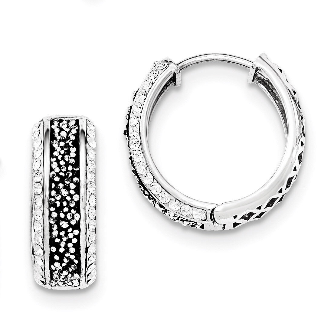 Polished White &amp; Black Crystal Hinged Hoops Sterling Silver QE12408