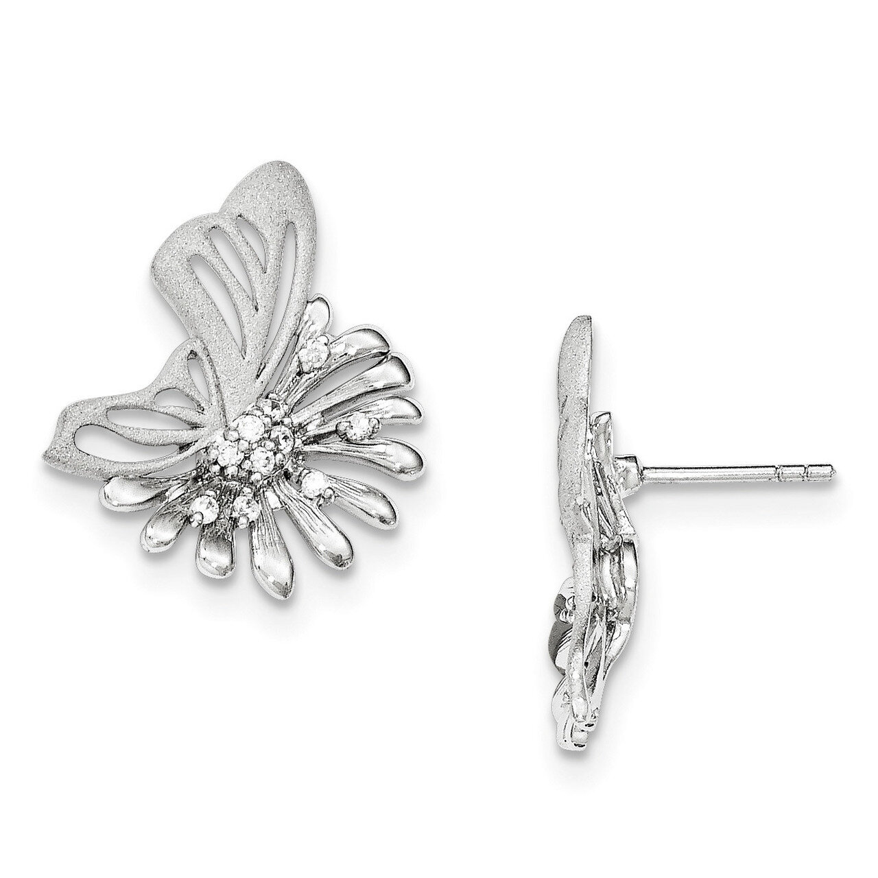 Polished And Satin Flower Butterfly CZ Post Earrings Sterling Silver QE12453