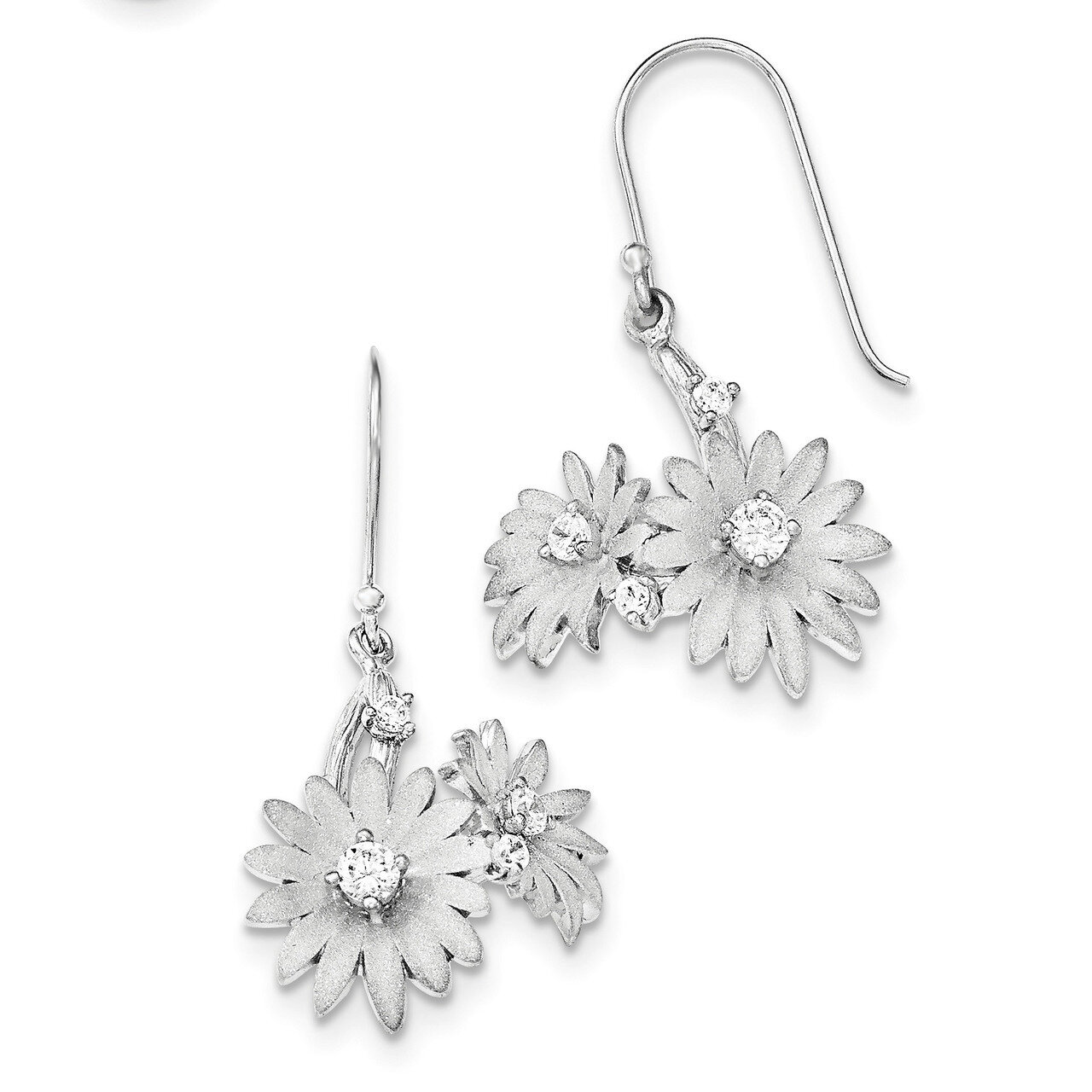 Polished And Satin Shepherd Hook CZ Flowers Earrings Sterling Silver QE12463