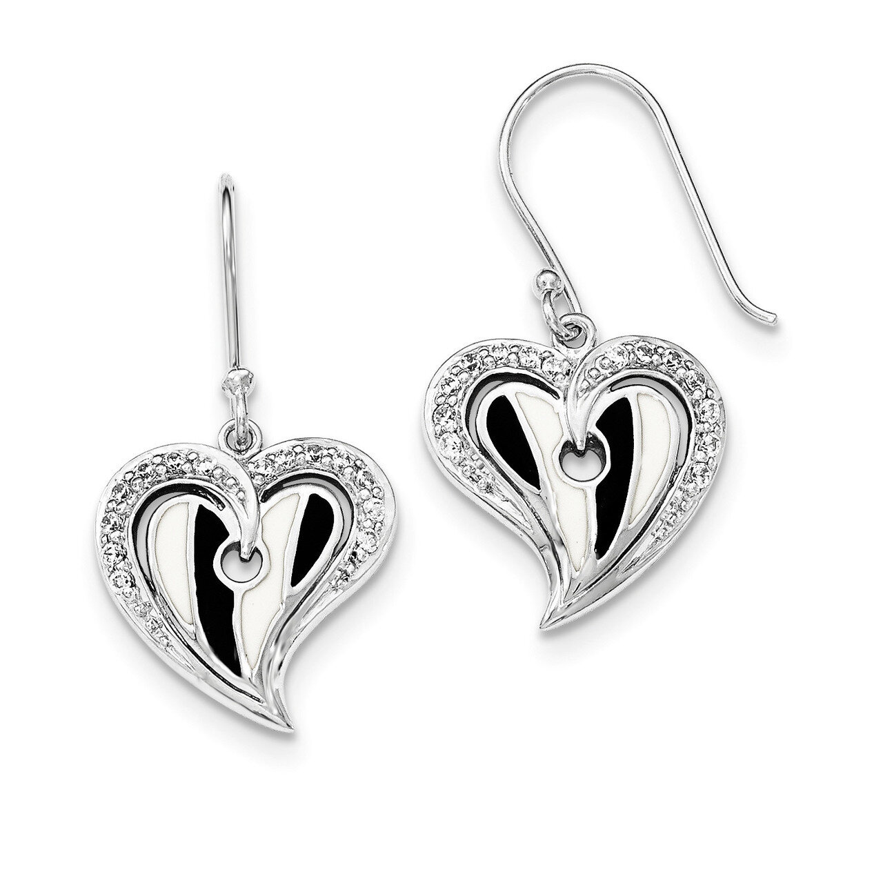 Polished Heart With Black And White Enamel CZ Earrings Sterling Silver QE12491