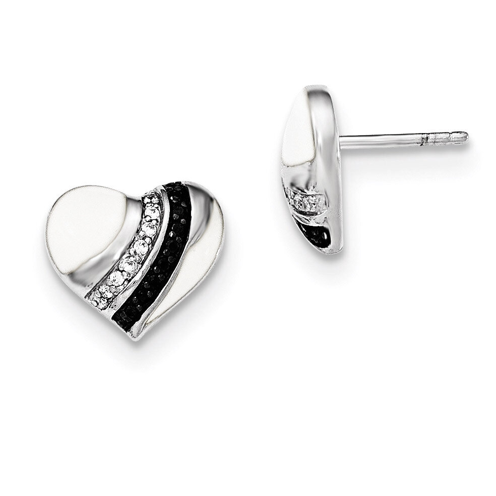 Black Rhod & Enamel White-Black CZ Heart Post Earrings Sterling Silver QE12492
