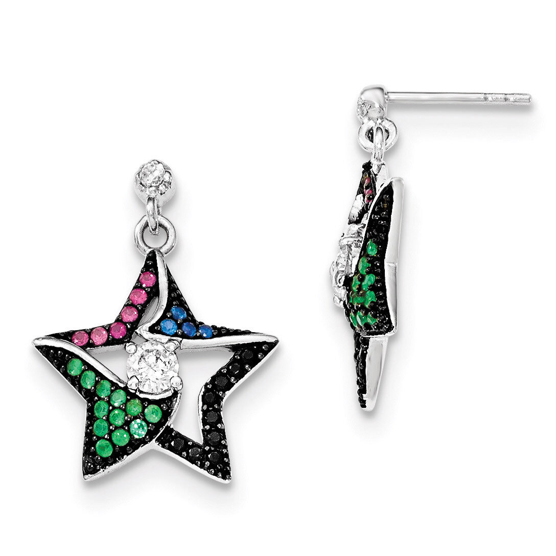 Multi-color Stones &amp; CZ Star Dangle Post Earrings Sterling Silver QE12507