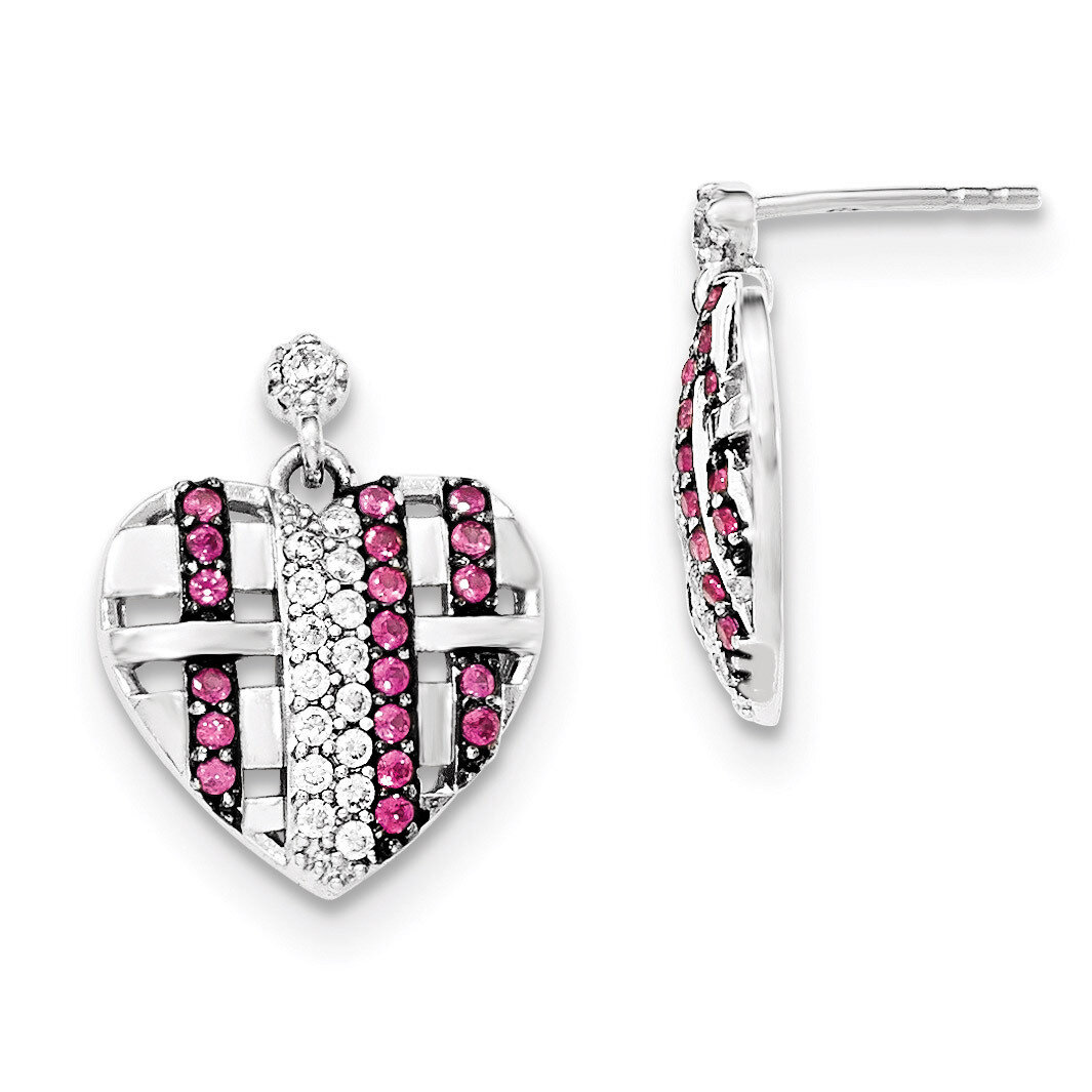 Synthetic Ruby &amp; CZ Heart Dangle Post Earrings Sterling Silver QE12517
