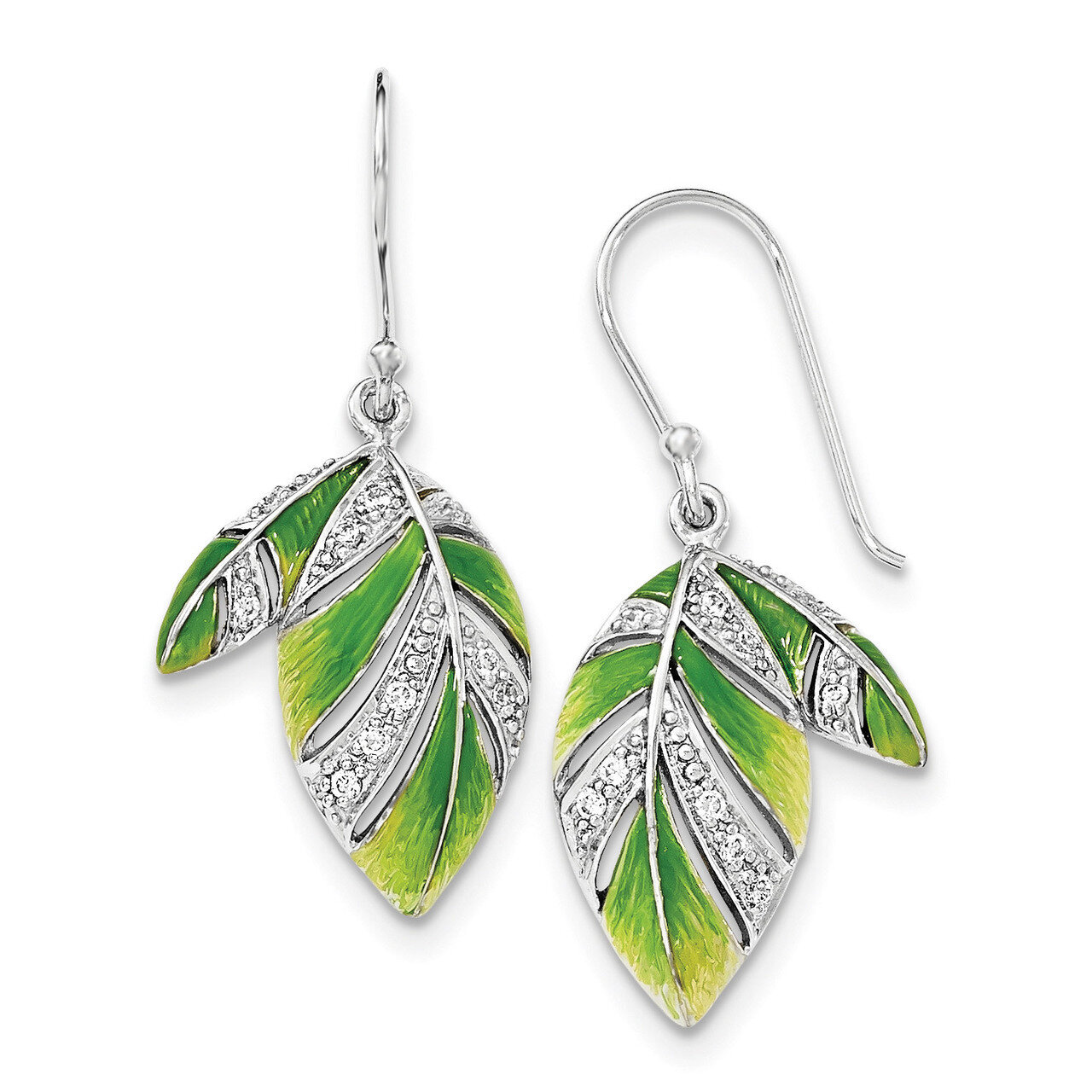 Green And Yellow Enamel Leaf And CZ Earrings Sterling Silver QE12527