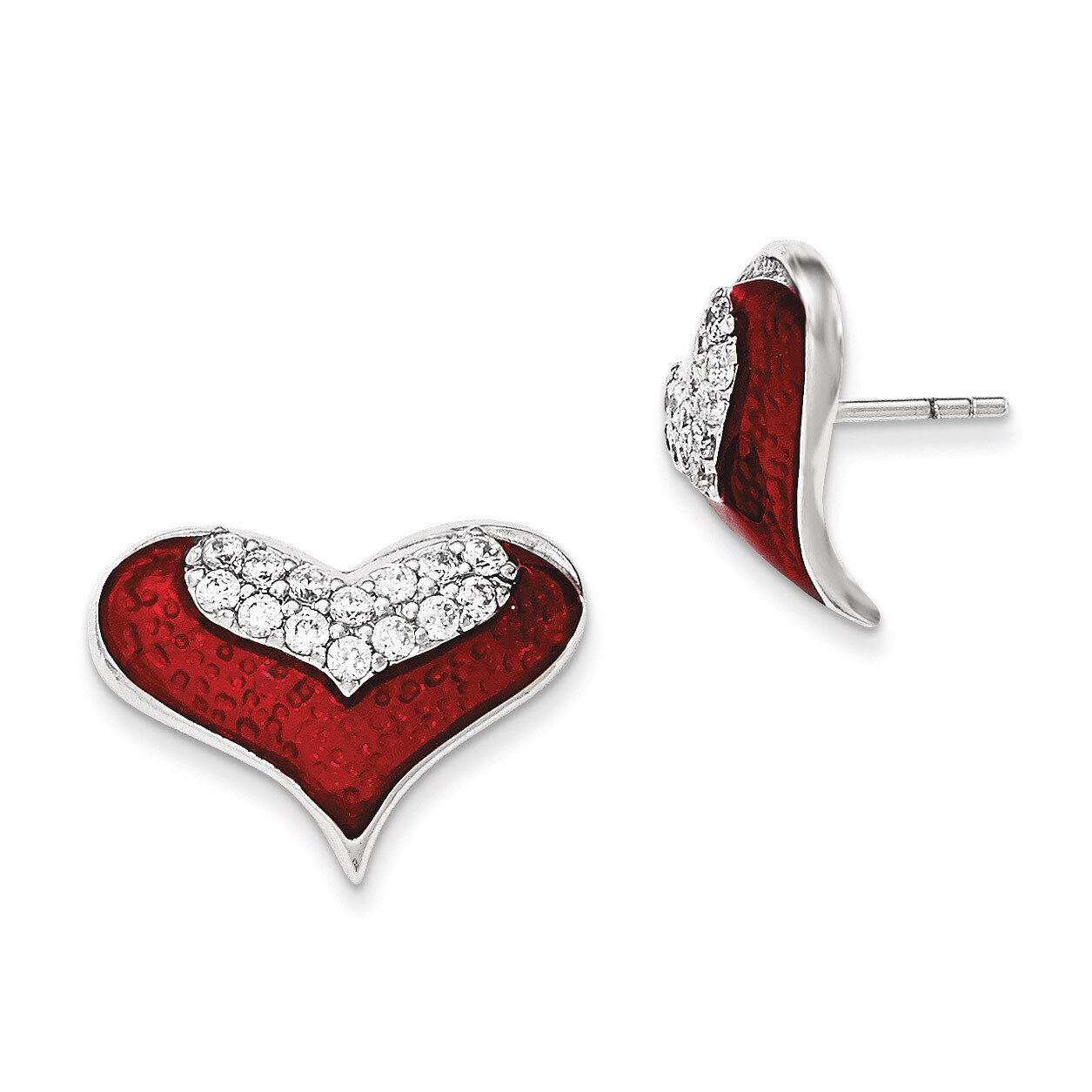 Polished Red Enamel With CZ Post Earrings Sterling Silver QE12552