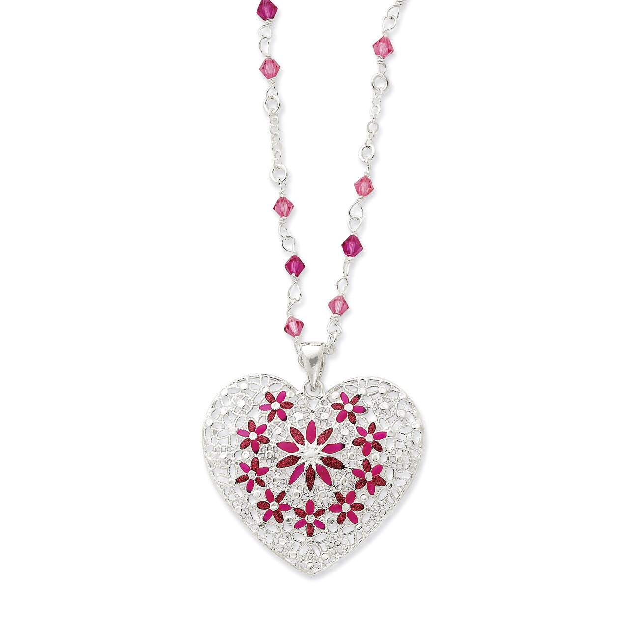 Pink Enameled &amp; CZ Fancy Heart Necklace Sterling Silver QG2848-18