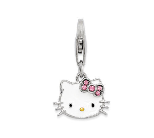 Hello Kitty Enamel-Pink Crystal Bow Lobster Clasp Charm Sterling Silver QHK157