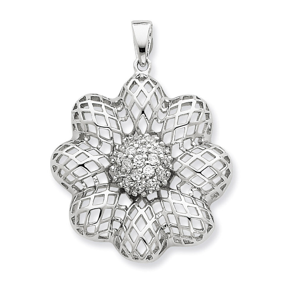Puffed Wire Flower with Center CZ Pendant Sterling Silver QP1773