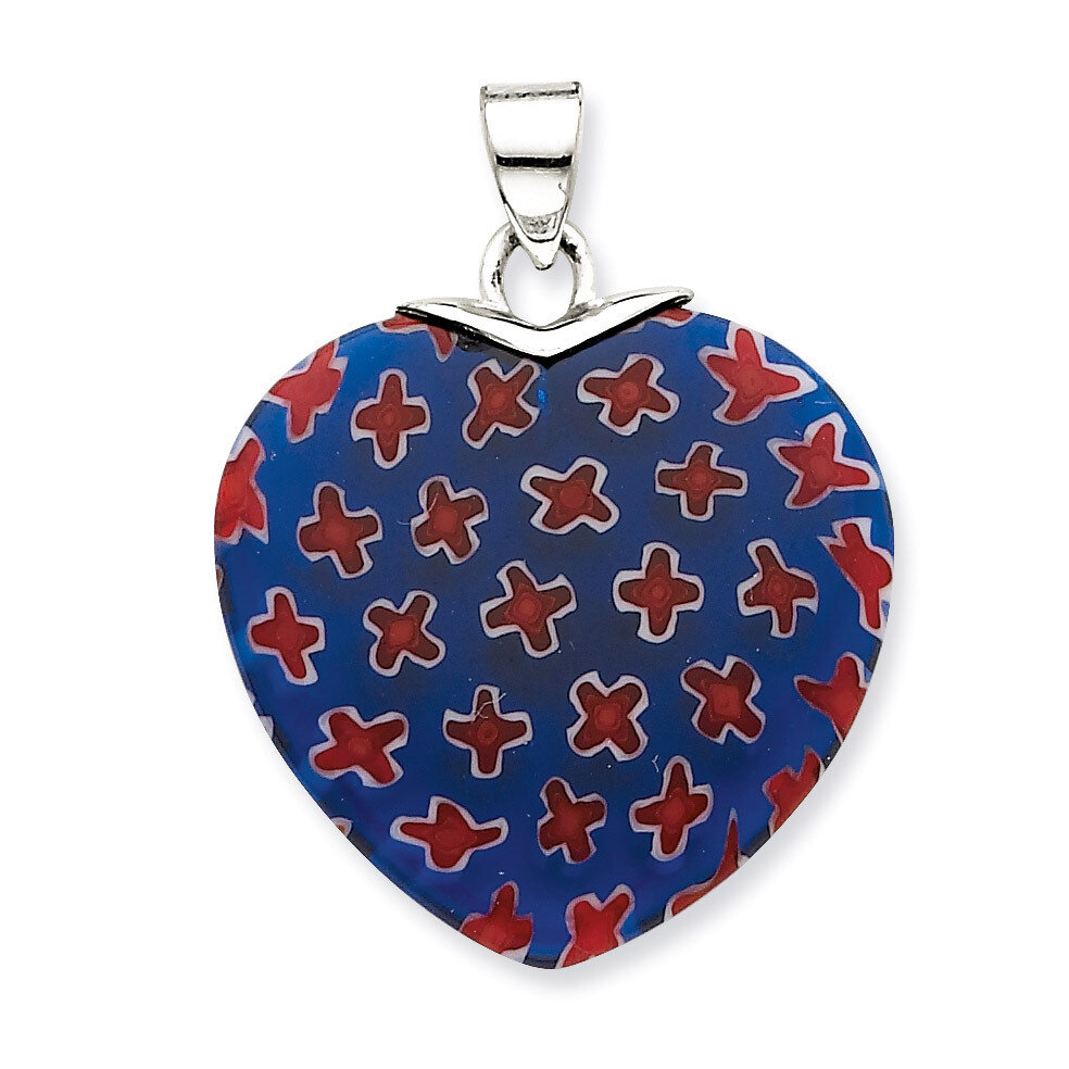 Blue &amp; Red Glass Stone Polished Heart Pendant Sterling Silver QP1855
