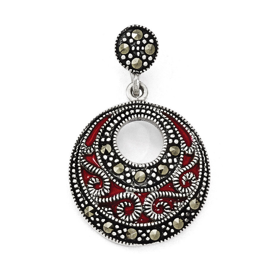 Marcasite &amp; Red Epoxy Pendant Sterling Silver QP3964