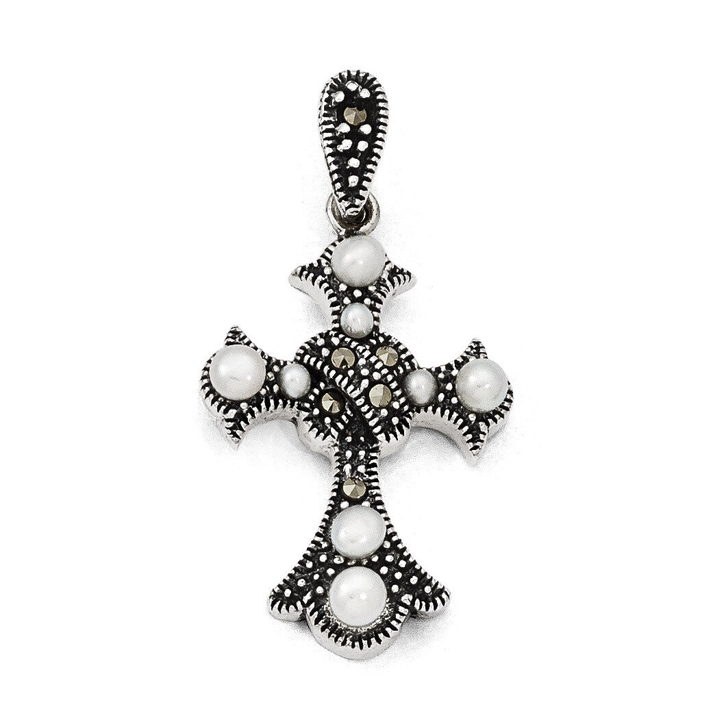 Marcasite &amp; FW Cultured Pearl Cross Pendant Sterling Silver QP3970