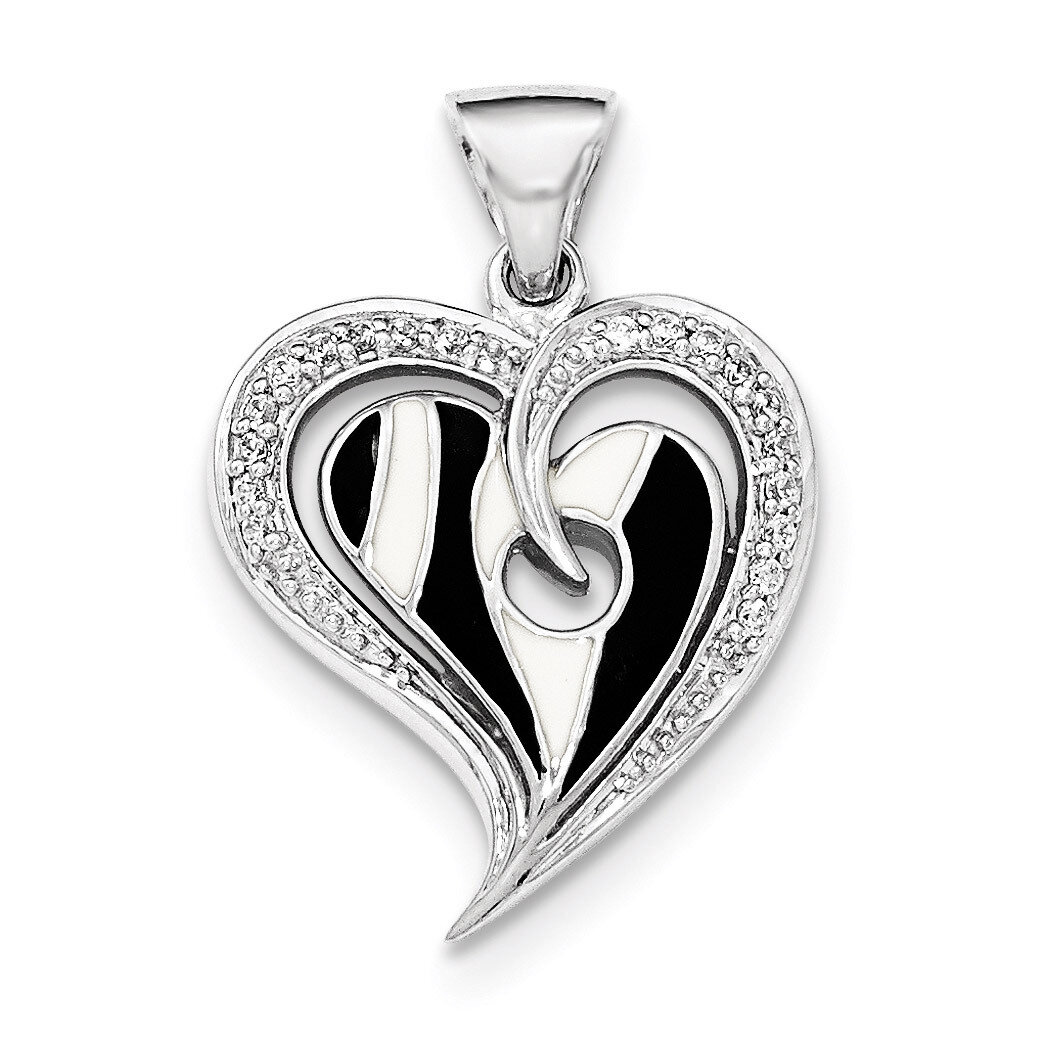 Polished Heart With Black And White Enamel CZ Pendant Sterling Silver QP4191