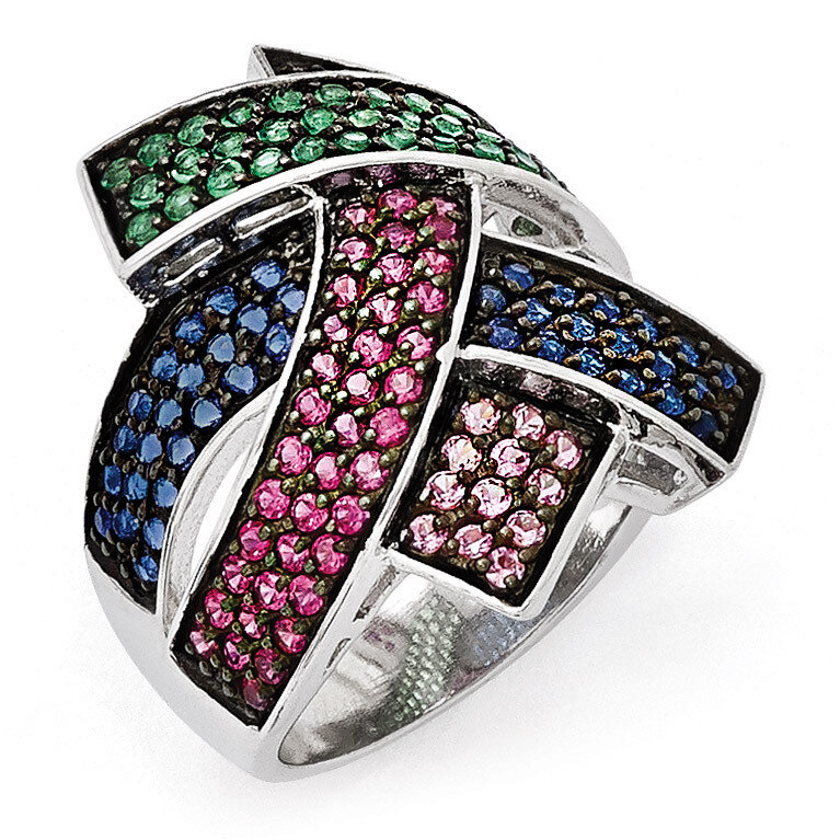 Black Rhodium Blue-Grn Glass Lt &amp; Drk Synth. Ruby Ring Sterling Silver QR5904-7