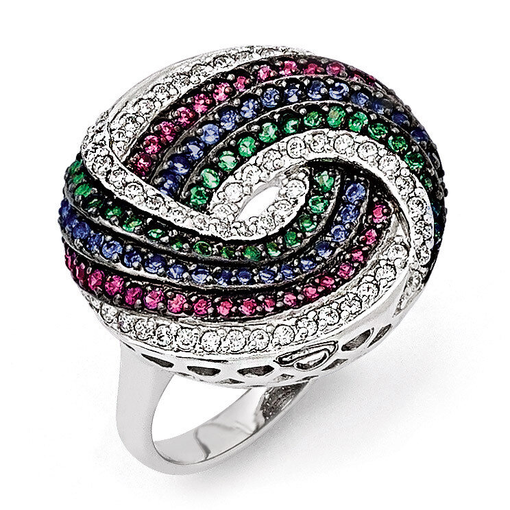 Black Rhodium Blue-Green Glass Synth. Ruby &amp; CZ Ring Sterling Silver QR5906-6