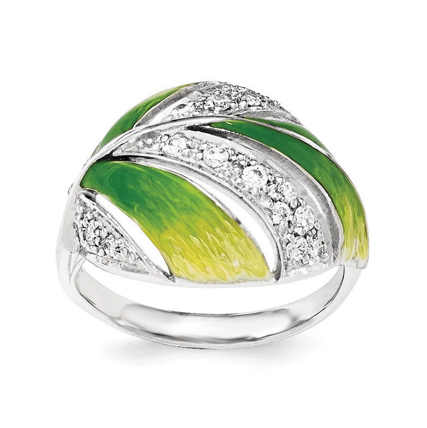 Green And Yellow Enamel Leaf And CZ Ring Sterling Silver QR6015-6