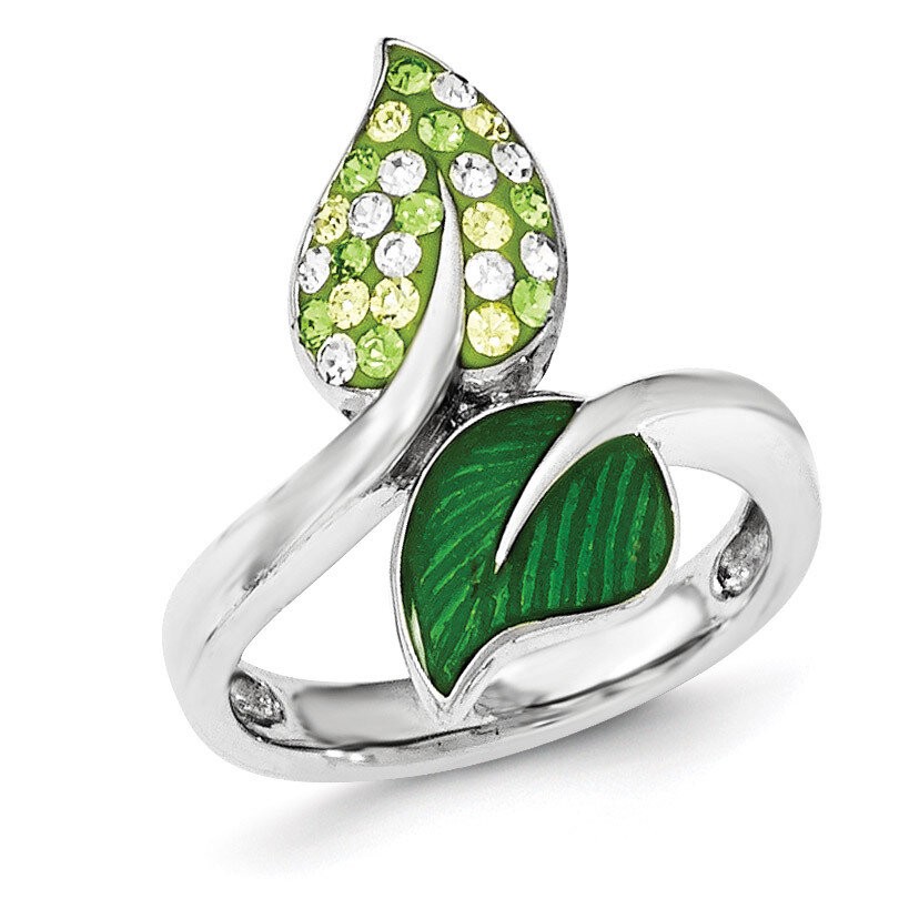 Preciosa Crystal &amp; Enameled Green Leaves Ring Sterling Silver QR6226-6