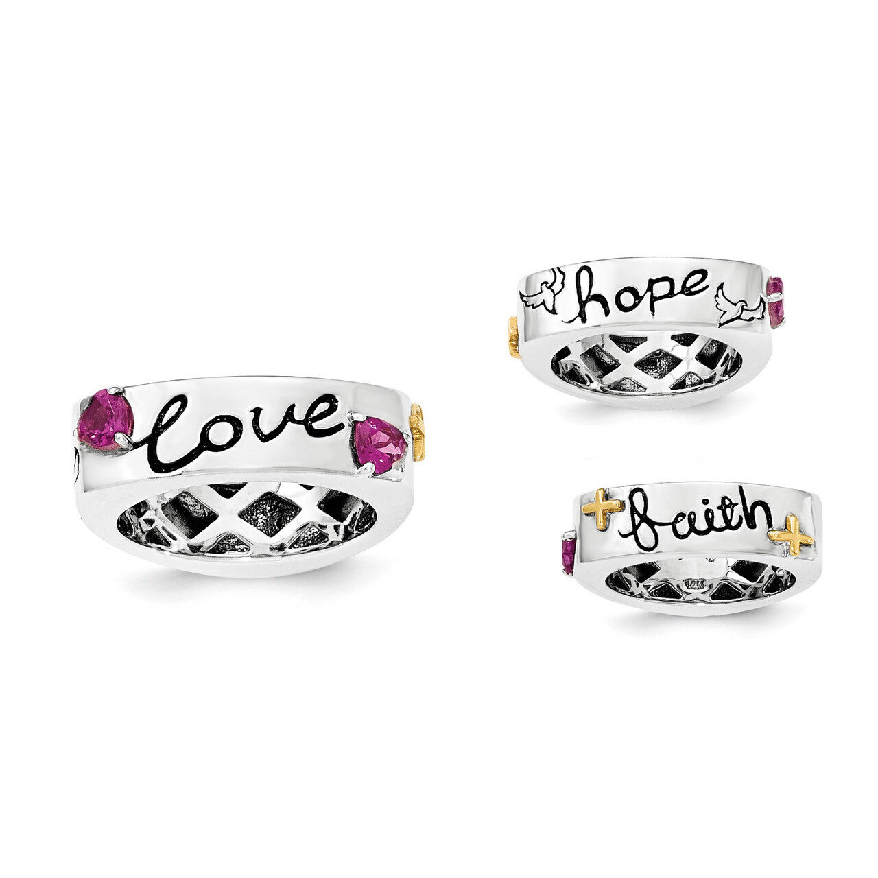14k Rhodolite Garnet Faith Hope Love Ring Sterling Silver QR6305-6