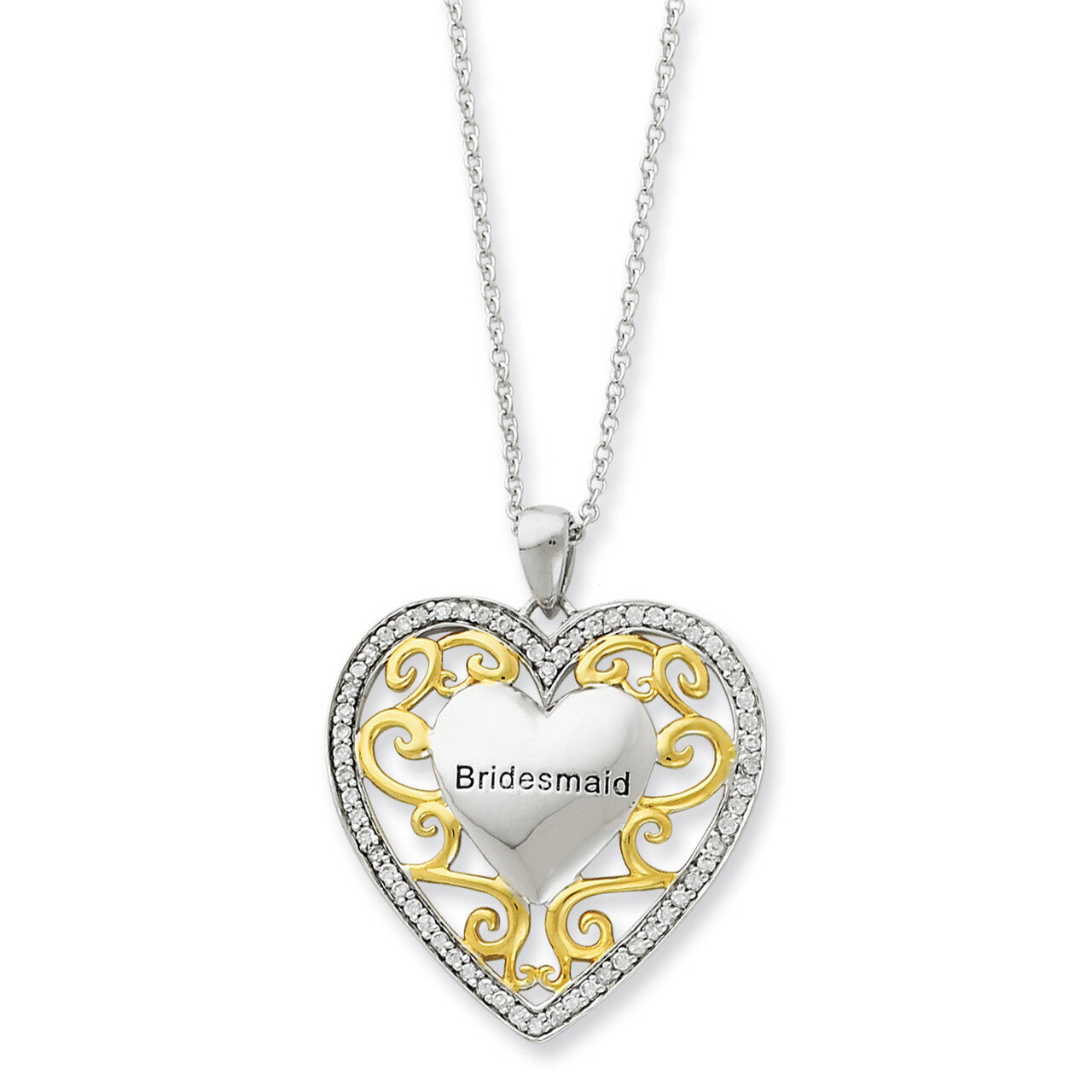 Gold-plated CZ Bridesmaid 18 Inch Heart Necklace Sterling Silver QSX229