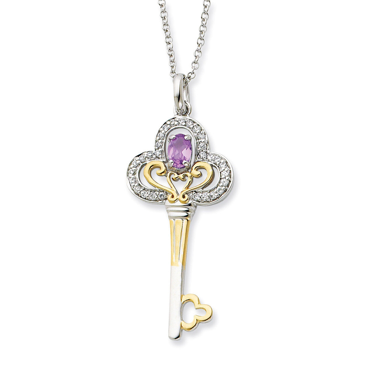 Gold-plated June CZ Birthstone Key 18 Inch Necklace Sterling Silver QSX302