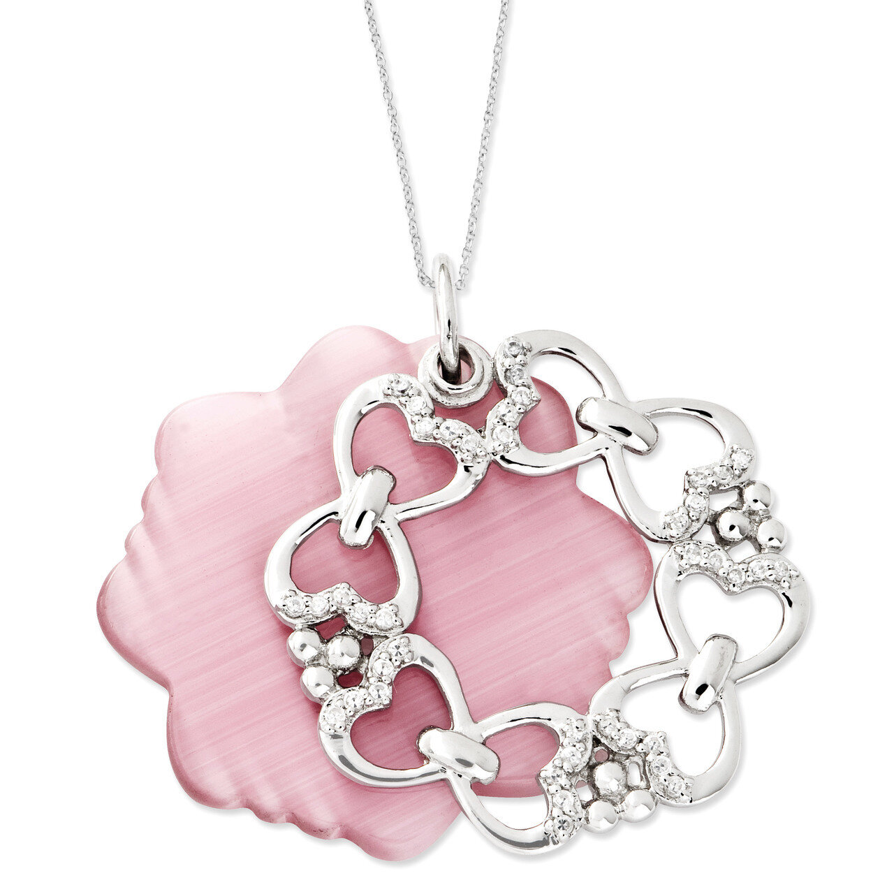 CZ &amp; Simulated Cat&#39;s Eye Love Never Fails 18 Inch Necklace Sterling Silver QSX484