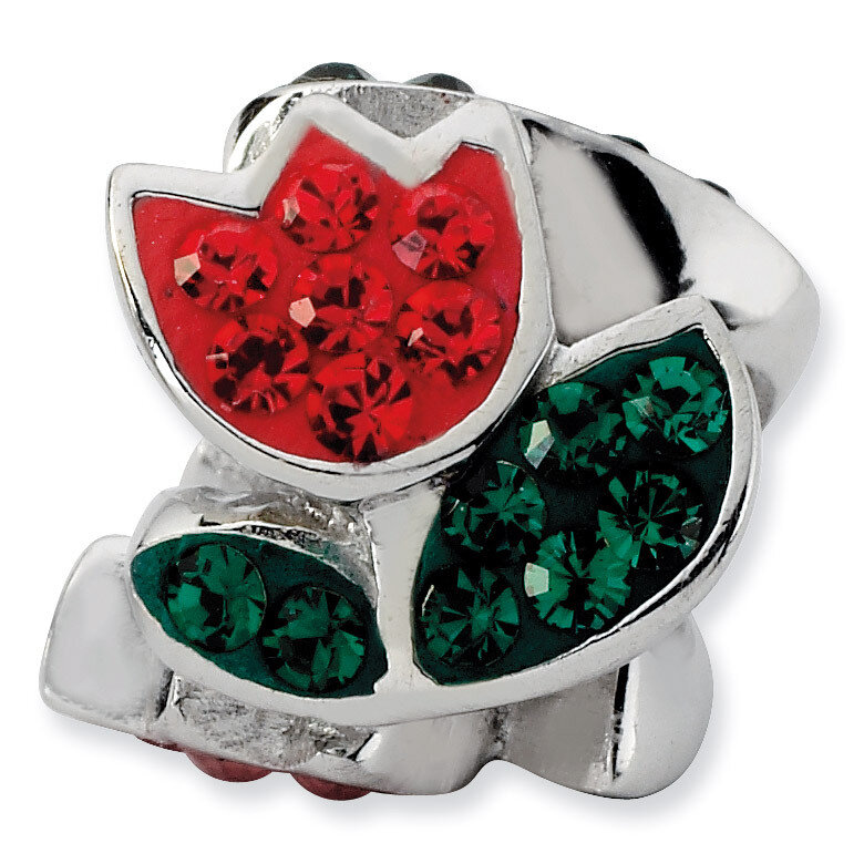 Red &amp; Green Crystal Flower Bead Sterling Silver QTA166
