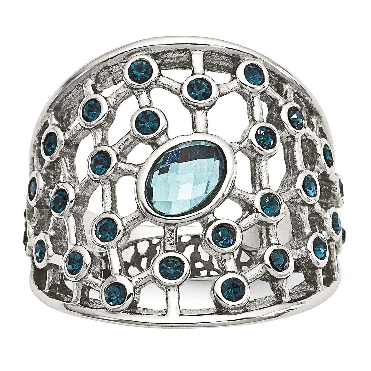 Polished Blue Glass and Preciosa Crystal Ring Stainless Steel SR592-6