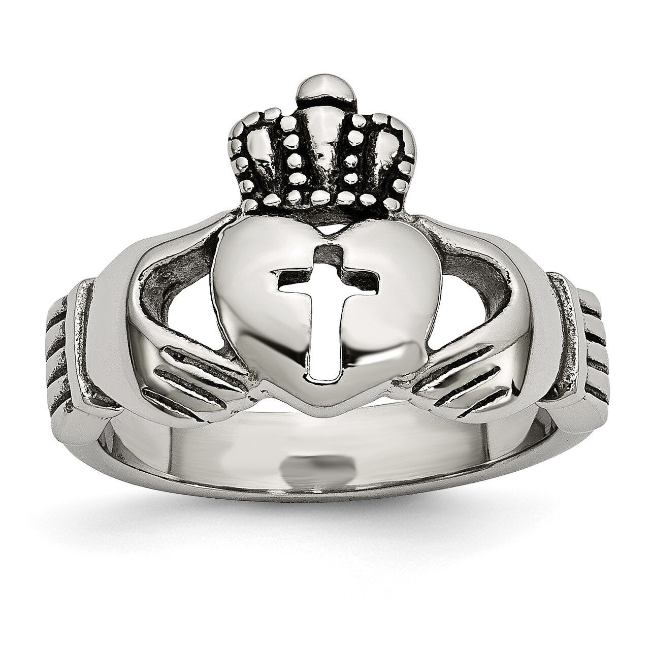 Polished Antiqued Claddagh with Cross Ring Stainless Steel SR618-11