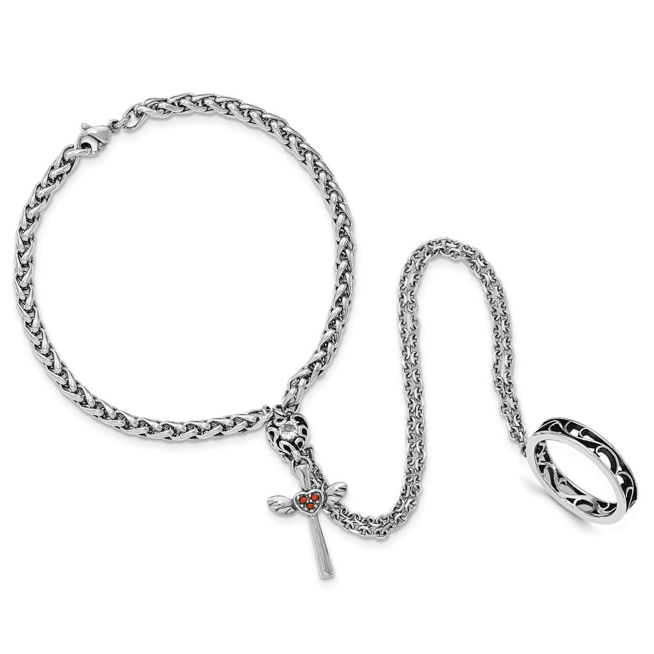 Antiqued-Polished Crystal Connected Bracelet &amp; Ring Stainless Steel SRB1698-8