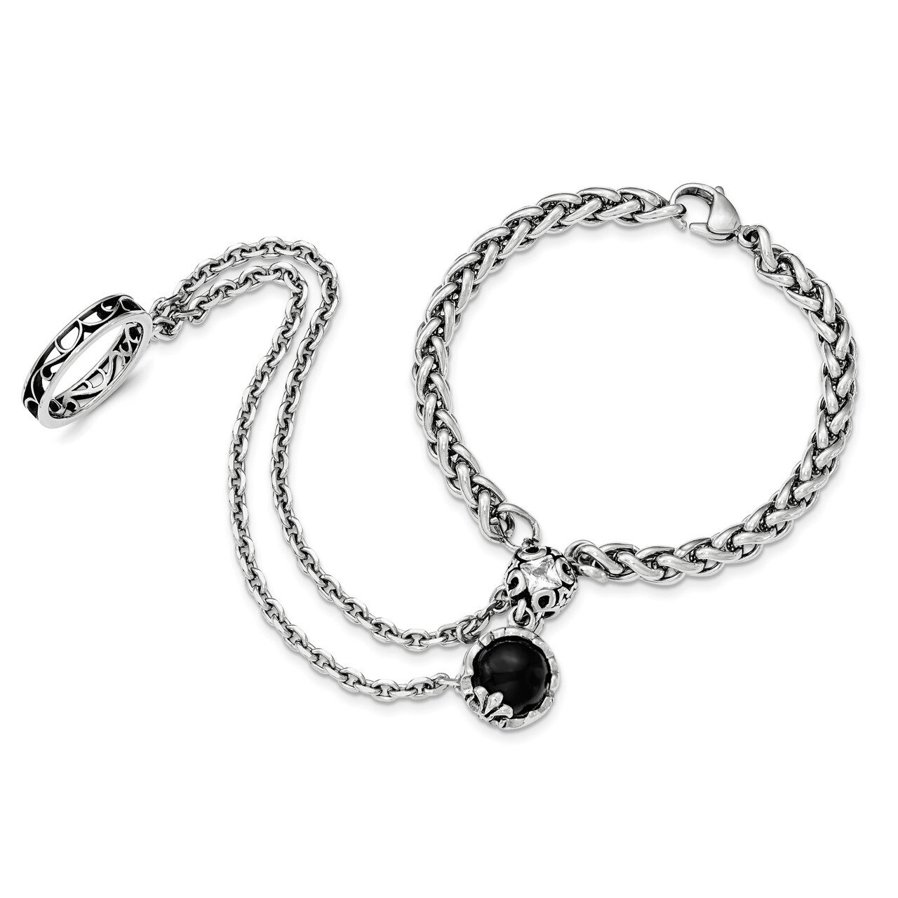 Antiqued-Polished Crystal-Glass Connected Bracelet&amp;Ring Stainless Steel SRB1699-7