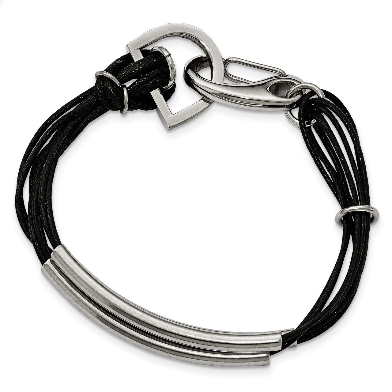 Polished 3 Steel Tube with Black Wax Cord Bracelet Stainless Steel SRB2131-8