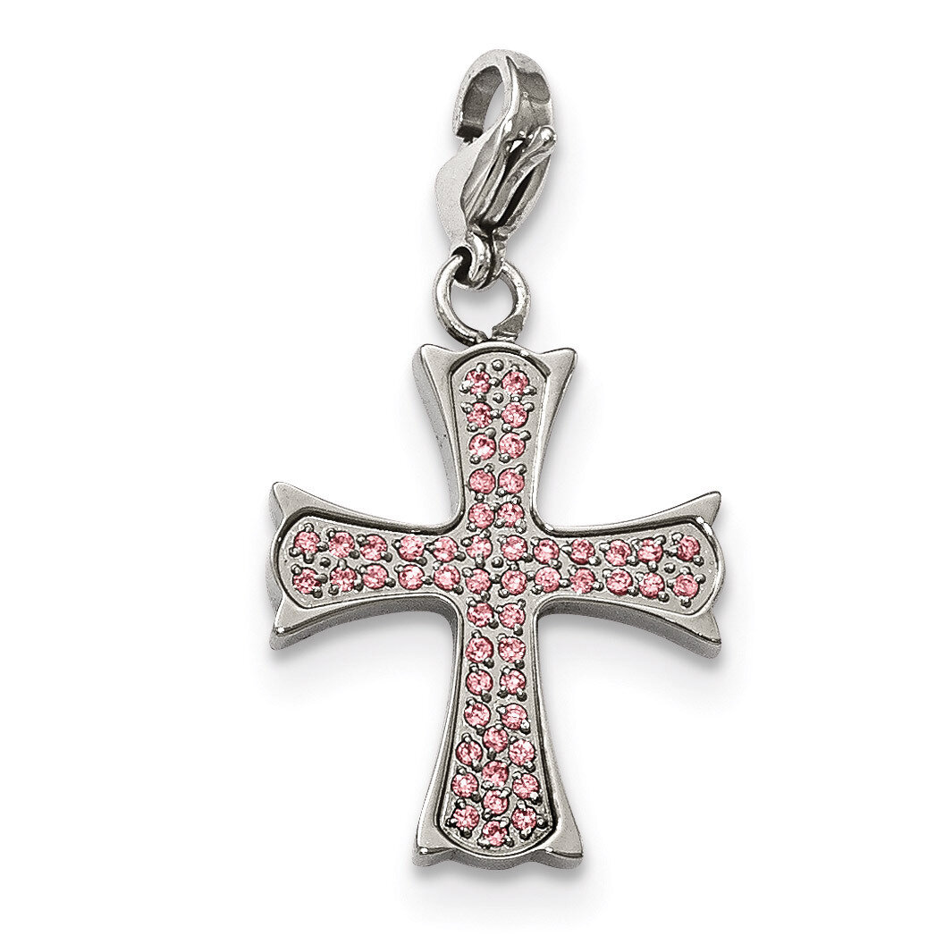 Polished Pink CZ Cross with Lobster Clasp Charm Stainless Steel SRCH241