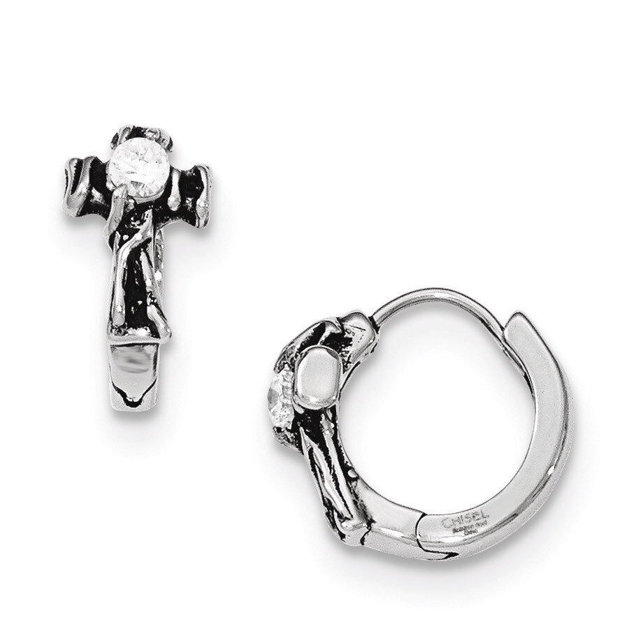 Antiqued Polished with CZ Cross Hinged Hoop Earrings Stainless Steel SRE914
