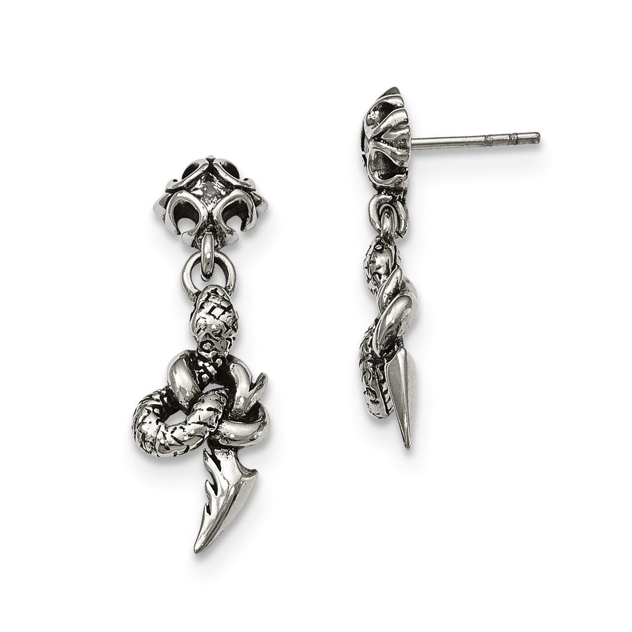 Antiqued &amp; Polished with CZ Snake Dangle Post Earrings Stainless Steel SRE920