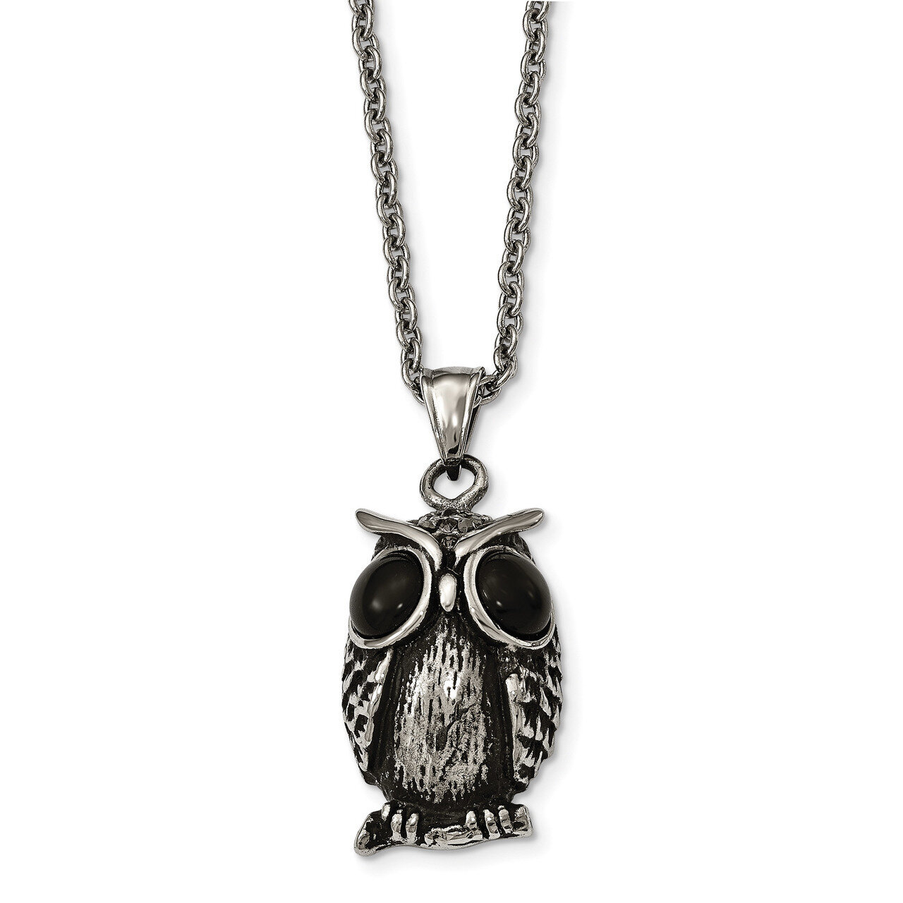 Antiqued and Polished Black Glass Owl Necklace Stainless Steel SRN1844-22