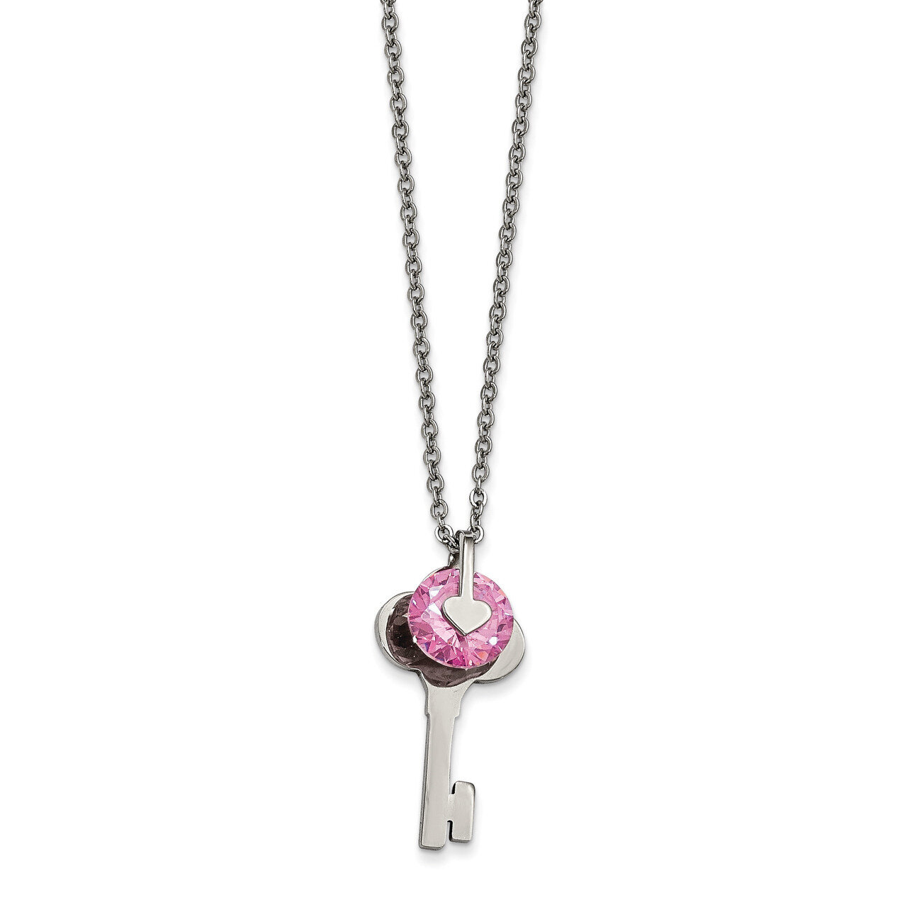 Polished with Pink CZ Key Necklace Stainless Steel SRN1860-18