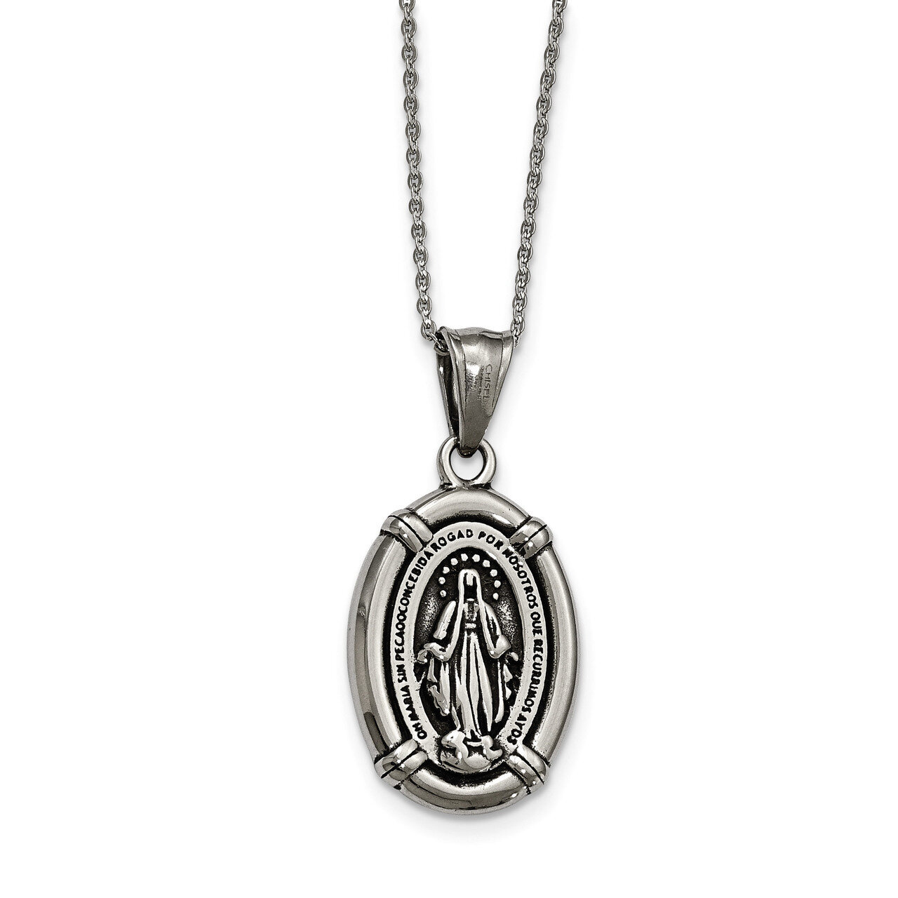 Antiqued Polished Spanish Miraculous Medal Necklace Stainless Steel SRN1900-18