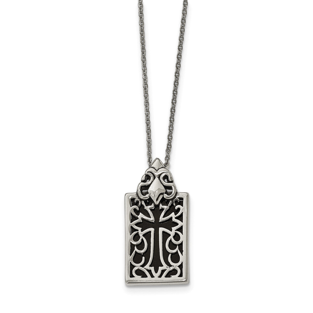 Antiqued &amp; Polished with Black Glass Cross Necklace Stainless Steel SRN1907-20