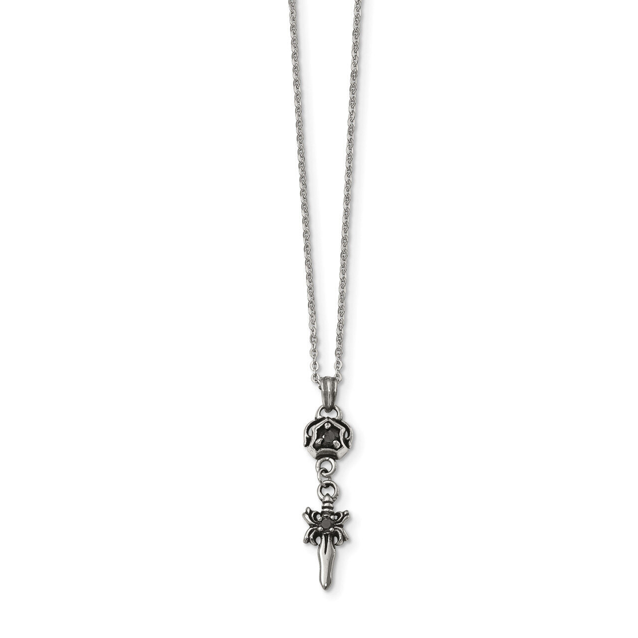 Antiqued and Polished with Black CZ Sword Necklace Stainless Steel SRN1910-18