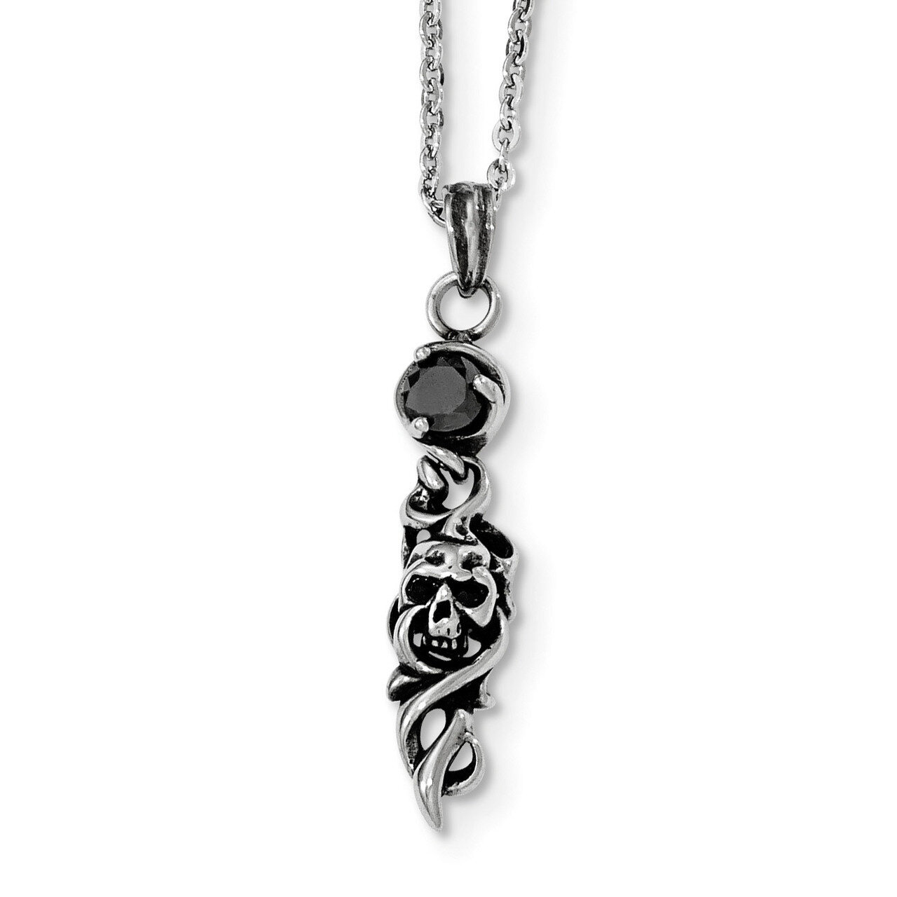 Antiqued and Polished with Black CZ Skull Necklace Stainless Steel SRN1914-18