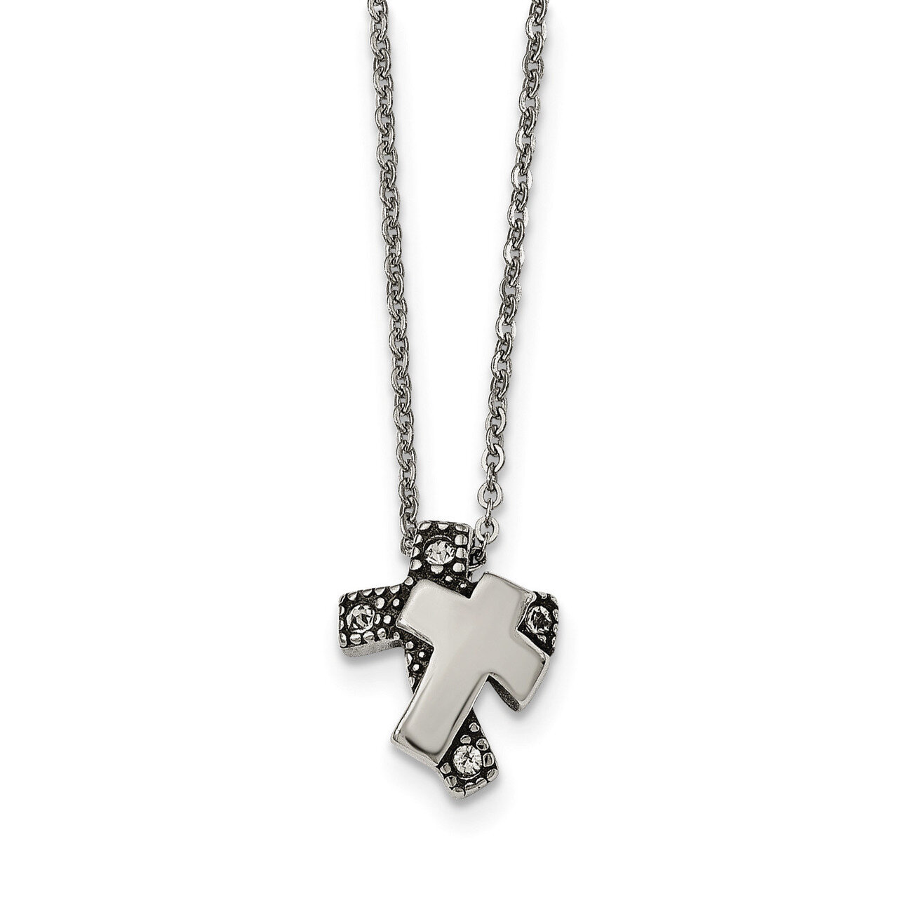 Antiqued and Polished with Crystals Cross Necklace Stainless Steel SRN1916-18