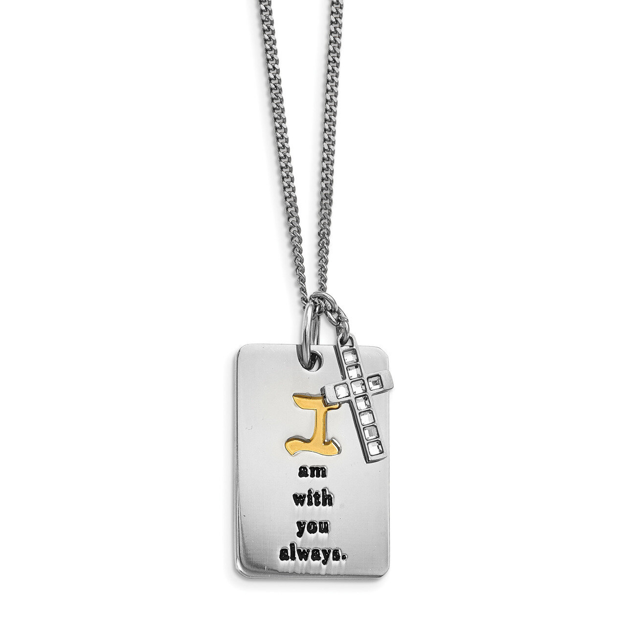 Polished Yellow IP with CZ I AM WITH YOU Cross Necklace Stainless Steel SRN2115-20.5