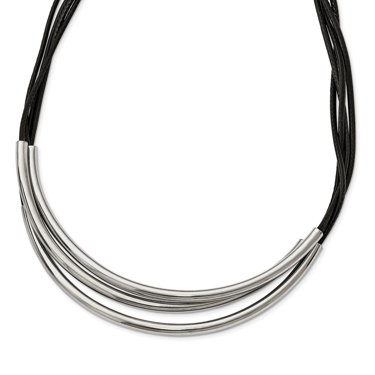 Polished 3 Steel Tube with Black Wax Cord Necklace Stainless Steel SRN2227-18