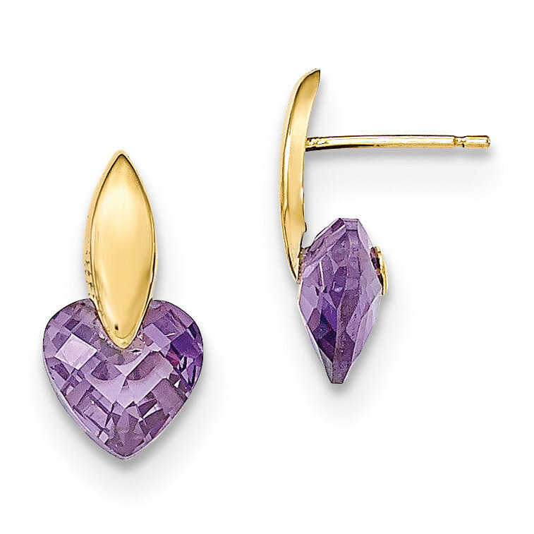 Purple CZ Heart Post Earrings 14k Gold Polished YE1741