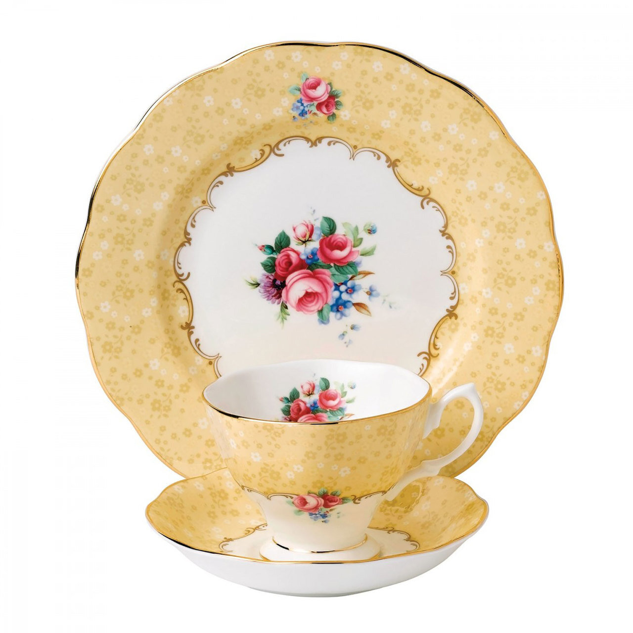 Royal Albert 100 Years 1990 3-Piece Set Teacup Saucer & Plate 8 Inch Bouquet 40017539