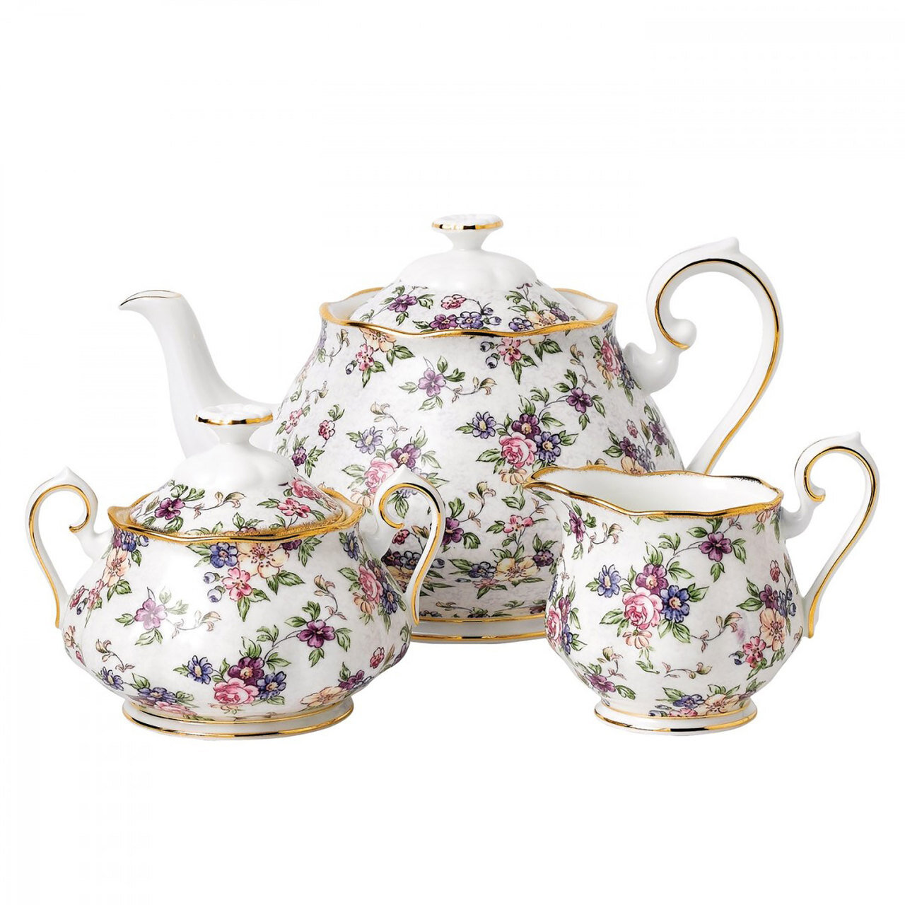 Royal Albert 100 Years 1940 3-Piece Set Teapot Sugar & Creamer English Chintz 40017572