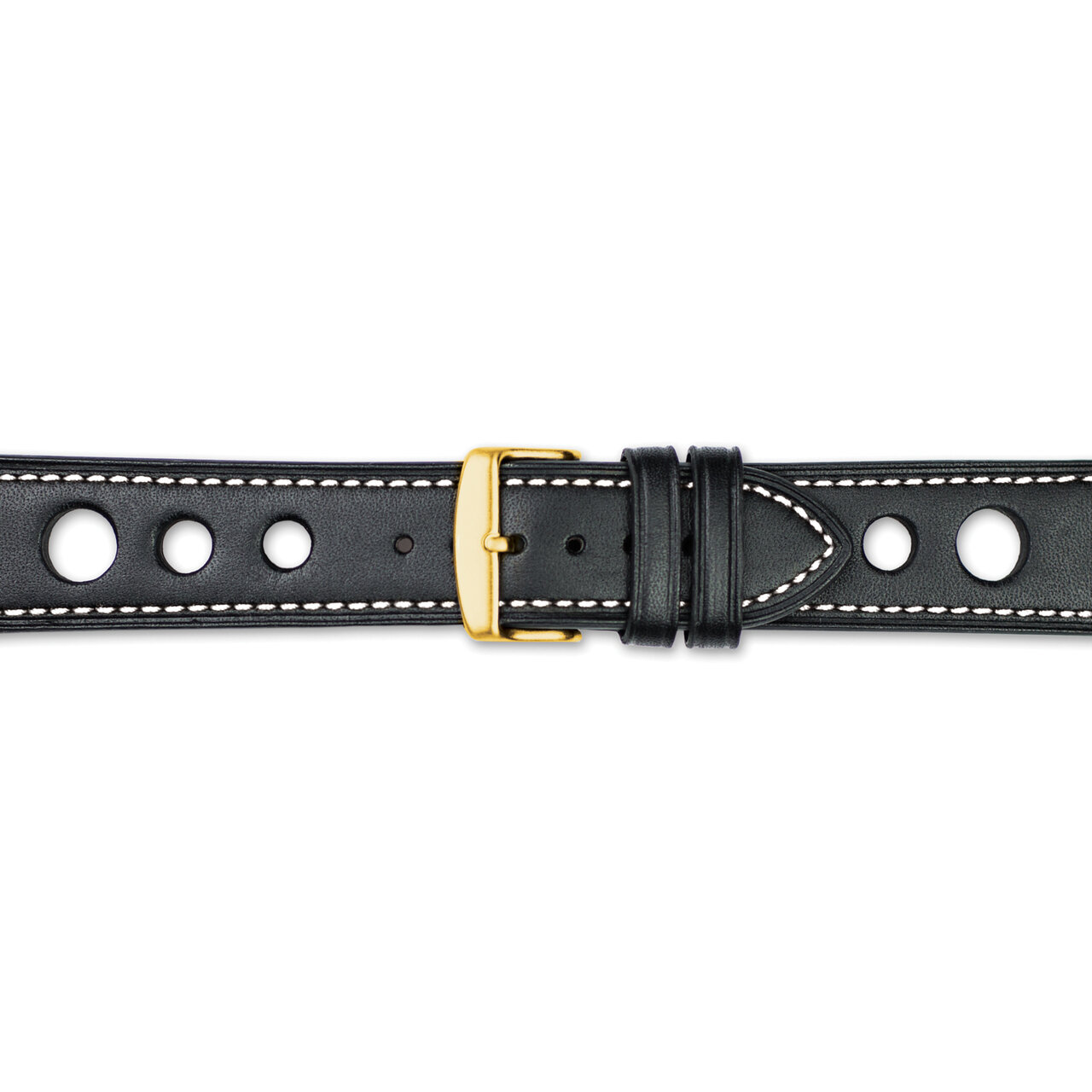 18mm Black Grand Prix Leather White Stitch Gold-tone Buckle Watch Band BA370-18