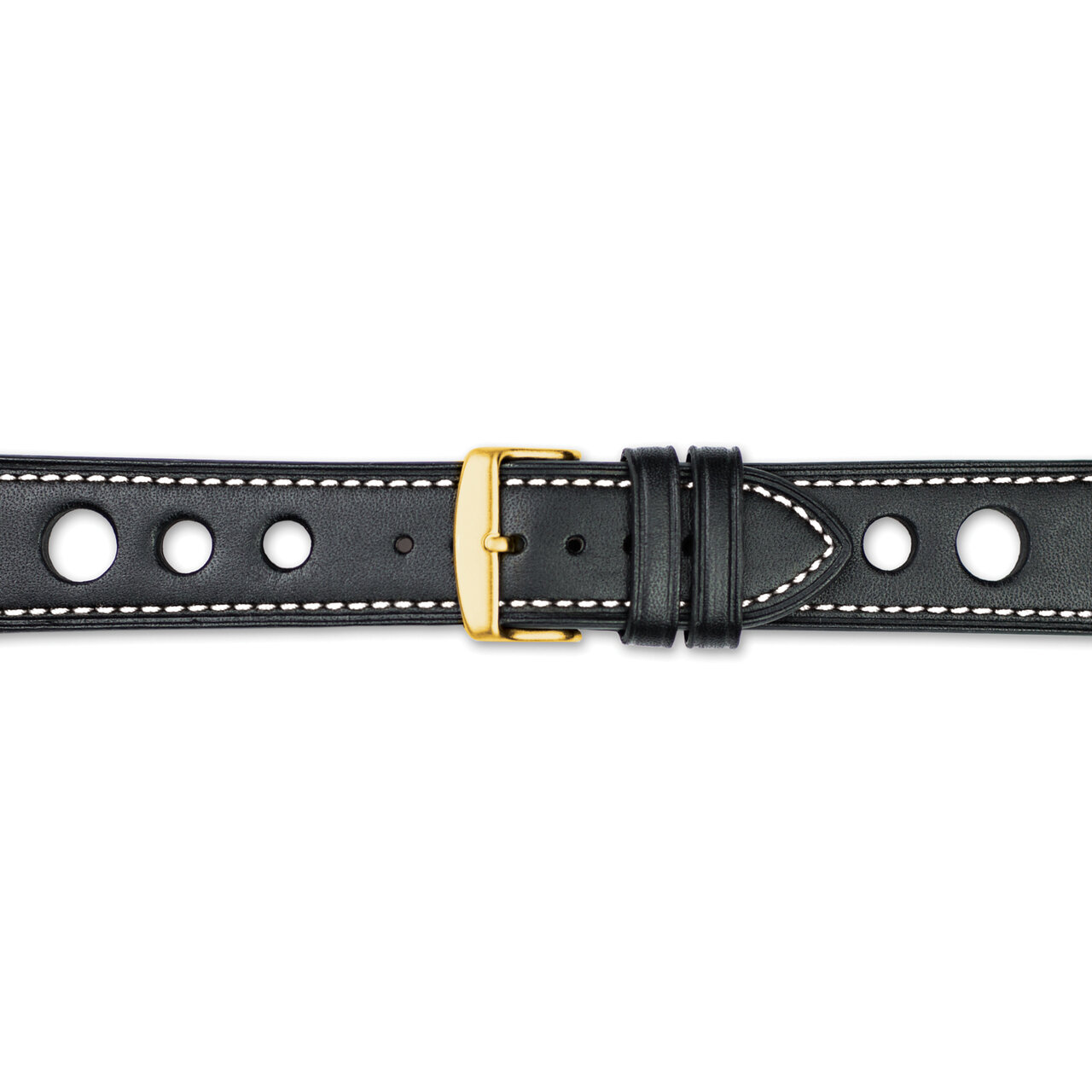 22mm Black Grand Prix Leather White Stitch Gold-tone Buckle Watch Band  BA370-22, MPN: BA370-22,