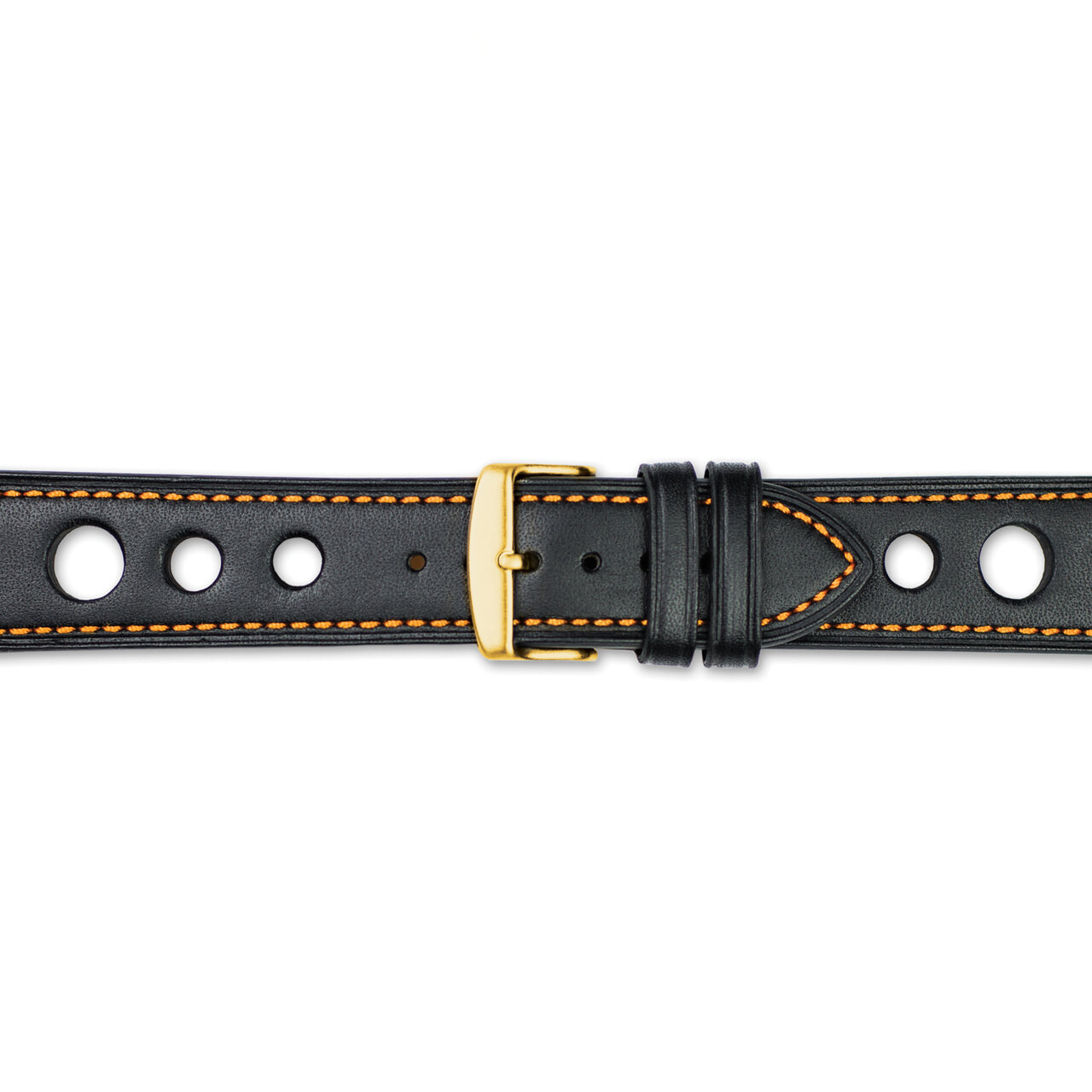 18mm Black Grand Prix Leather Orang Stitch Gold-tone Buckle Watch Band BA371-18